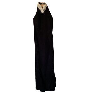 Jessica McClintock long black velvet dress with cloisonne/pearl choker